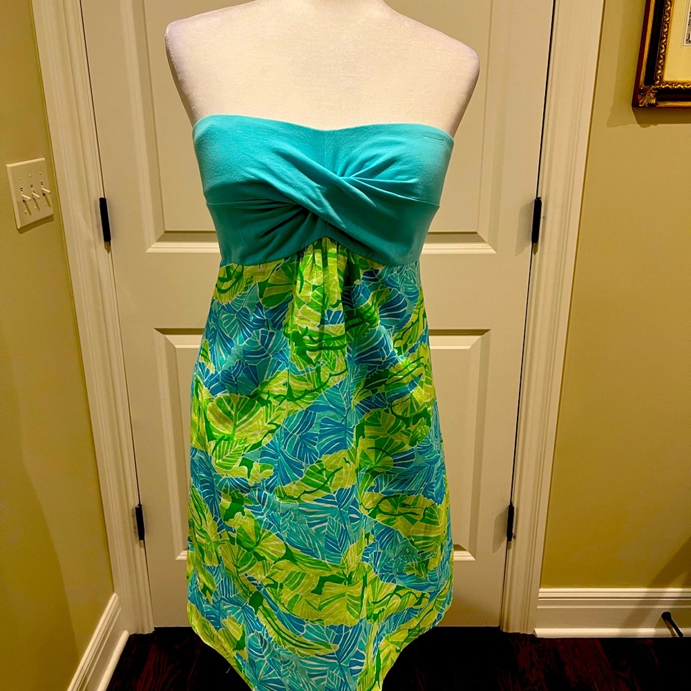 Twist-Front Strapless Summer Dress in Aqua and Lime Leaf Print